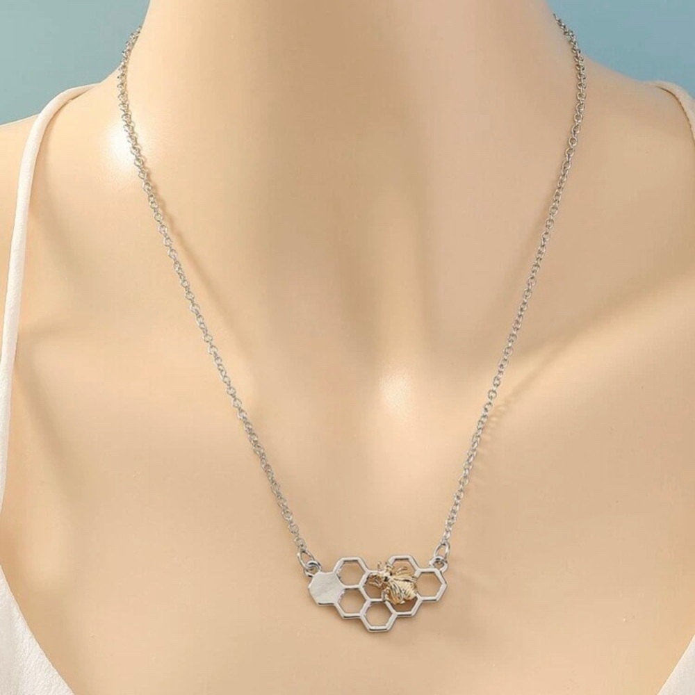 3/$30 Silver & Gold Honeycomb Bee Pendant Necklace - Picture 2 of 5